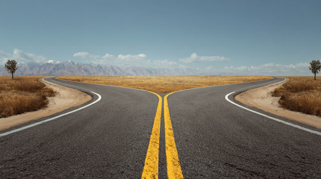 two split road through the desert landscape toward the horizon, a decision making background concept