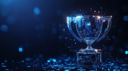Victory in the Digital Age A shimmering tech trophy symbolizing future success against a blue bokeh