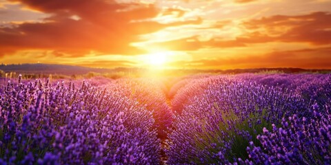 Obraz premium Fragrant lavender field garden under golden sunset