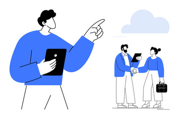 Professional interacts with tablet while colleagues discuss ideas and shake hands under a cloud. Ideal for teamwork, communication, technology, networking, partnership, collaboration, simple flat