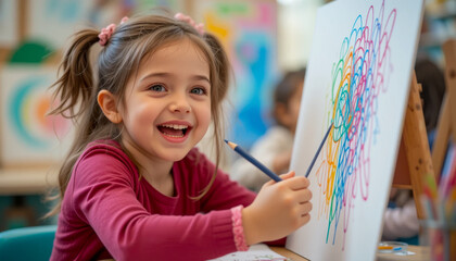 A joyful young girl creating colorful artwork in an art class setting with colored pencils.