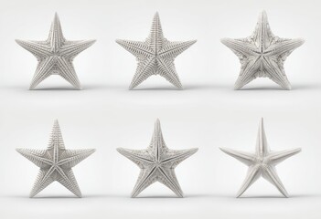 Six stylized, 3D rendered starfish, varying slightly in pose, against a plain white background