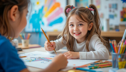 A cheerful young girl paints in art class with her friend, smiling brightly.