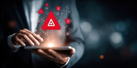 A person holds a tablet with a red warning symbol appearing above it