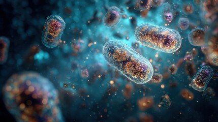 Shimmering probiotic bacteria floating in a vibrant healthy gut microbiome (3D illustration)
