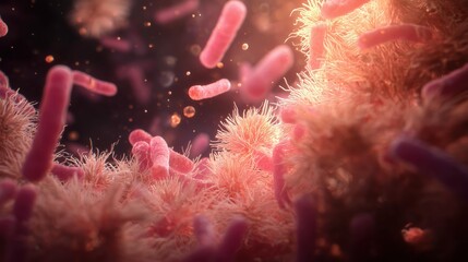 Medical animation still of gut microbes digesting dietary fiber on mucosal surface