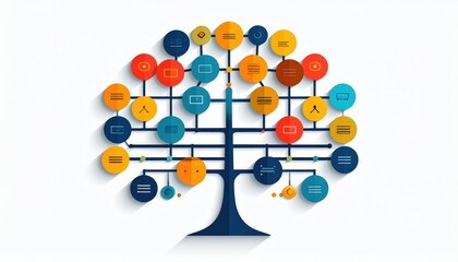 Abstract Tree Diagram with Connected Circles and Icons on White