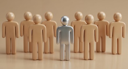 The Sterling Luminary: A single silver figure stands out among a collective of beige humanoids, embodying leadership and uniqueness against a neutral background.