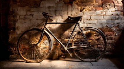 Aged bicycle leaning against a brick wall.