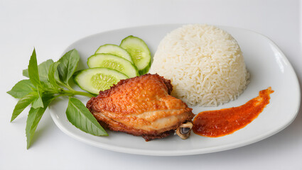 Minimalist food photography of lalapan ayam with white rice, fresh cucumber, basil, and sambal, soft natural lighting, isolated on white background