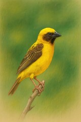 Obraz premium Vibrant Yellow Bird with Black Beak and Mask Perched on Branch, Wildlife Illustration