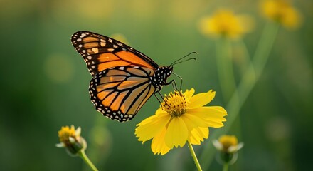 Monarch Butterfly on a Sunny Flower: A stunning monarch butterfly gracefully rests on a radiant yellow flower, with an eye-catching pattern of orange and black wings.