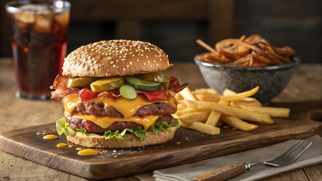 Juicy double cheeseburger with crispy fries and refreshing cola on a rustic wooden board
