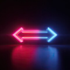Neon arrows, red and blue, opposing directions, on dark background, reflected