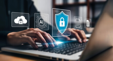 Naklejka premium Person using a laptop with digital security icons floating above, representing cybersecurity, data protection, and network security in the digital age