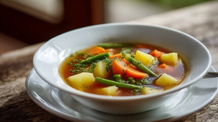 Bowl of homemade vegetable soup with potatoes, carrots, and green beans served in white dish on rustic wooden table