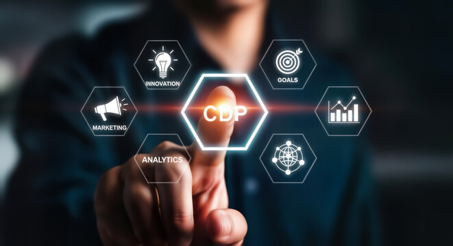 Customer data platform cdp concept with icons representing analytics, strategy, engagement, and business growth, as a finger touches the central hub