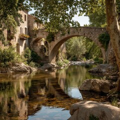 Fototapeta premium Stone bridge crossing a river in a sunny summer day in lagrasse, france