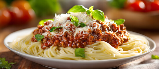 Spaghetti Bolognese with rich meat sauce and melted cheese topped with fresh basil served on a white plate against a warm kitchen background