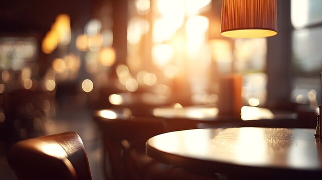 Interior of a restaurant at sunset.