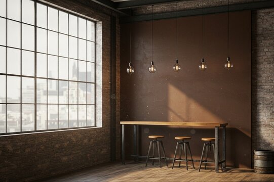 Modern industrial loft interior design with large factory window and bar counter