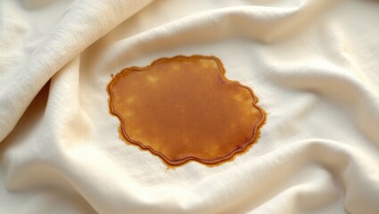 A stain of a dark brown liquid on a cream colored fabric.