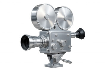 Vintage chrome movie camera positioned on transparent background, representing cinematic heritage and nostalgic media production techniques