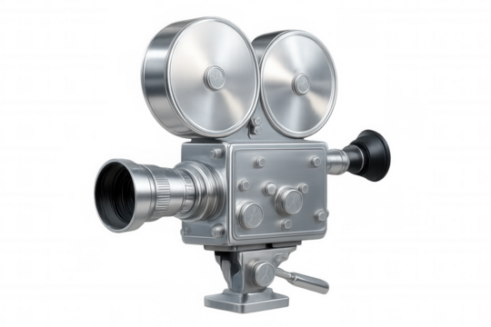 Vintage chrome movie camera positioned on transparent background, representing cinematic heritage and nostalgic media production techniques