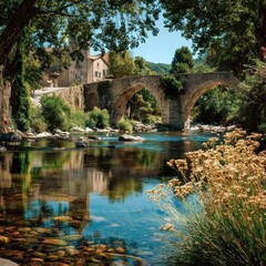 Fototapeta premium Stone bridge crossing a river in a sunny summer day in lagrasse, france