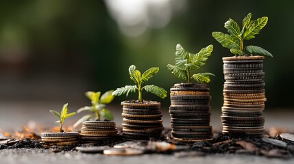 Emerging green shoots among stacked coins symbolize financial growth and sustainable investment