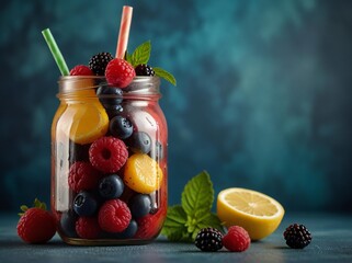 Refreshing berry infused water in a mason jar with fresh fruit