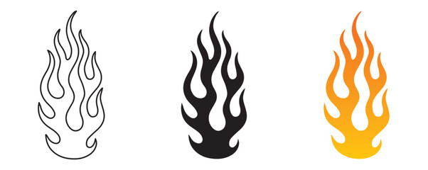 illustration of fire icon, fire icon. outline and filled vector illustration. fire symbol Line art editable icon, Flame silhouettes in classic 90s style.