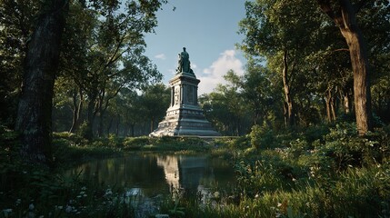 Majestic statue amidst serene forest waters reflecting history and nature s embrace with lush green