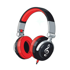 A stylish pair of red and black over-ear headphones with a treble clef symbol, illustrated on a white background.