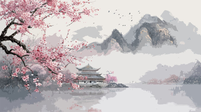 Chinese watercolor painting on wash paper with mountain, Chinese building and trees