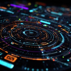 Circular futuristic interface with concentric rings and glowing elements