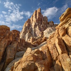 Fototapeta premium Rugged sandstone cliffs with geometric shapes beneath a clear sky