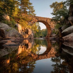 
Old stone bridge reflecting in calm river at sunrise
