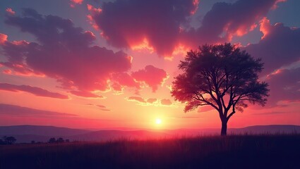 Fototapeta premium A solitary tree silhouetted against a vibrant sunset.