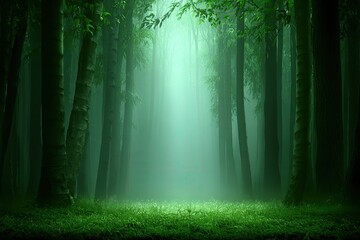 Misty, verdant forest interior, light shafts piercing the gloom