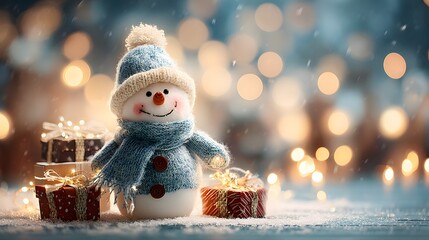 Festive snowman with gifts in a winter scene.