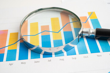 Magnifying glass on spreadsheet and graph paper.