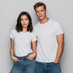 A professional photograph of an attractive female and male model wearing plain white t-shirts and denim jeans against a grey background, both models facing the camera