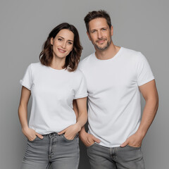 A professional photograph of an attractive female and male model wearing plain white t-shirts and denim jeans against a grey background, both models facing the camera