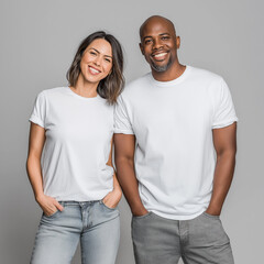 A professional photograph of an attractive female and male model wearing plain white t-shirts and denim jeans against a grey background, both models facing the camera