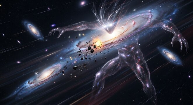 Celestial guardian of the cosmos a universe within a humanoid figure presence