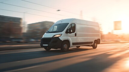 Obraz premium White delivery van moving quickly on city street at sunrise.