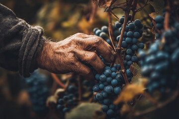 A close-up of an old man's hand picking grapes from the vine