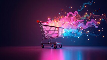 Shopping cart with vibrant glowing particles.