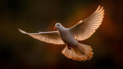 Obraz premium A beautiful white dove in flight against a dark background.